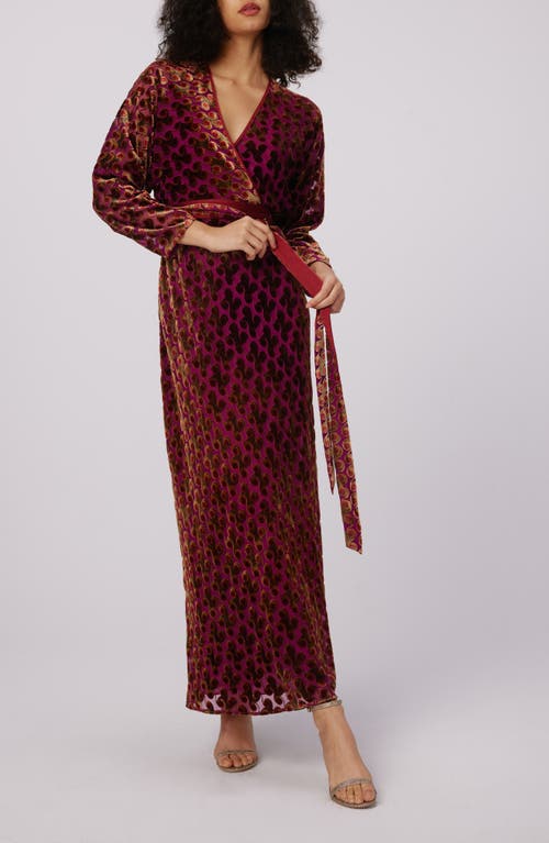 DVF Babette Velvet Burnout Long Sleeve Maxi Wrap Dress in Curtain Call B/O Velvet Plum 