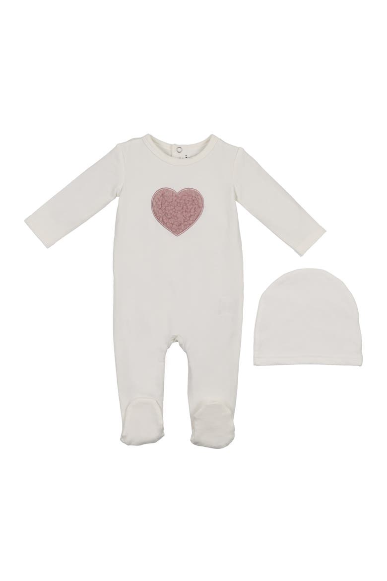 Heart Appliqué Footie & Beanie Set, Main, color, OFF WHITE