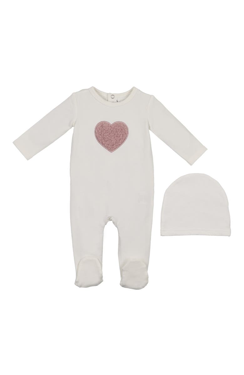 Manière Heart Appliqué Footie & Beanie Set, Main, color, Off White
