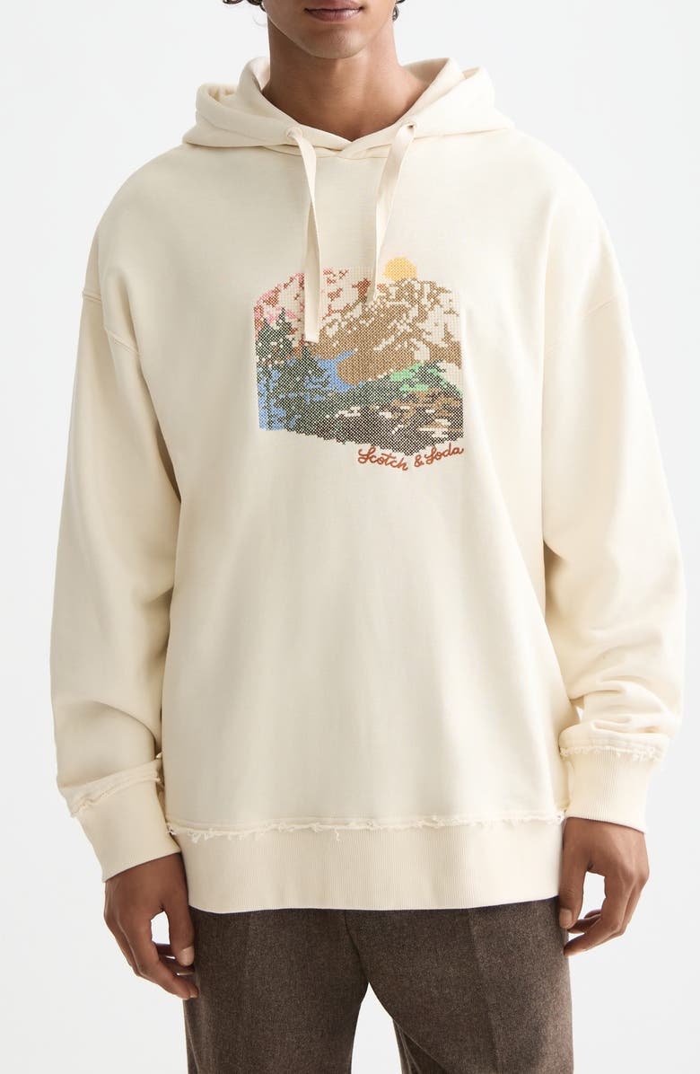 Scotch & Soda Loose Fit Embroidered Cotton Fleece Hoodie, Main, color, Eggnog