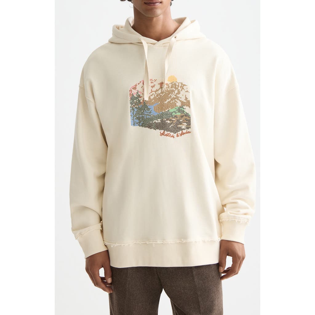 Scotch & Soda Loose Fit Embroidered Cotton Fleece Hoodie In Neutral
