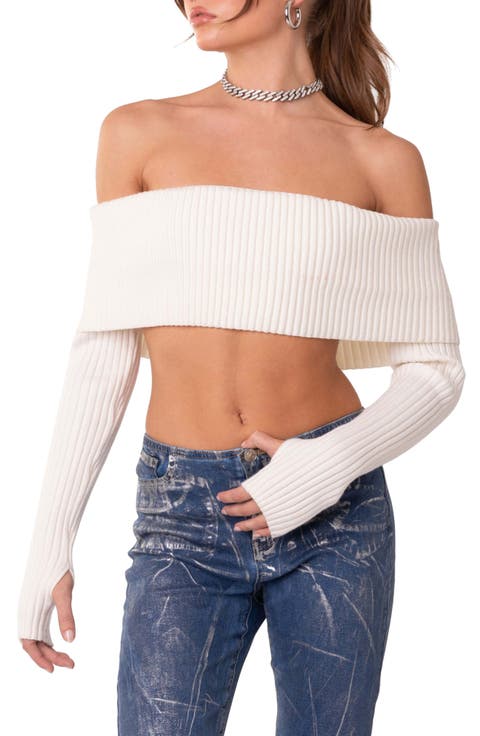 Astrea Foldover Off the Shoulder Crop Sweater