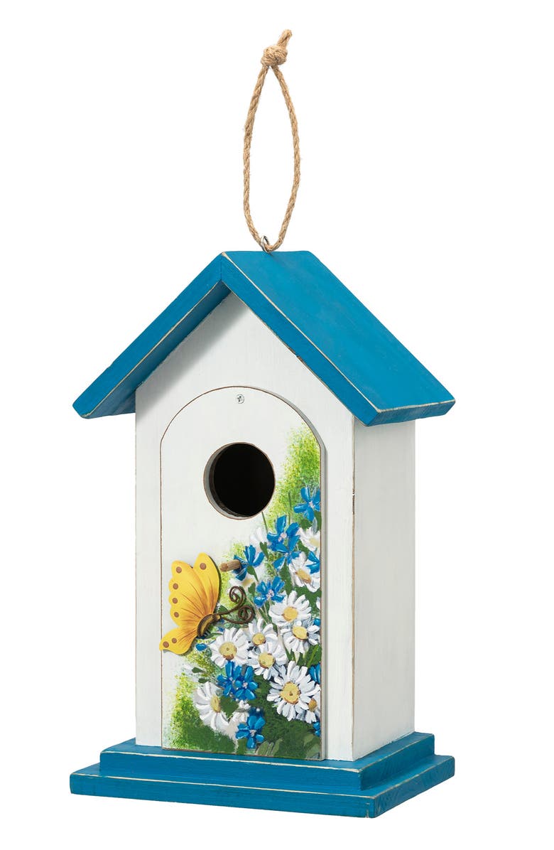 Glitzhome 11"H Distressed Solid Wood Daisy with Butterfly Birdhouse, Main, color, Blue