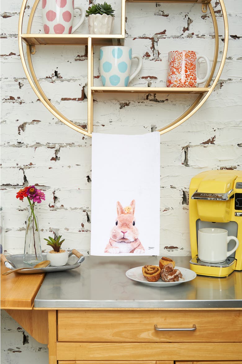Bunny Rabbit & Duckling Easter Spring Theme Printed Flour Sack Kitchen Dishtowel, Alternate, color, White