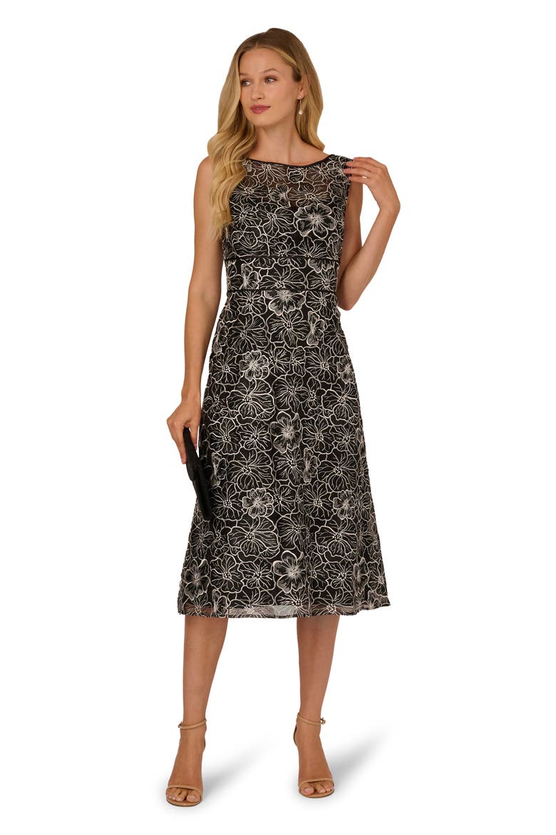 Floral Embroidery Cocktail Midi Dress, Alternate, color, BLACK/ IVORY