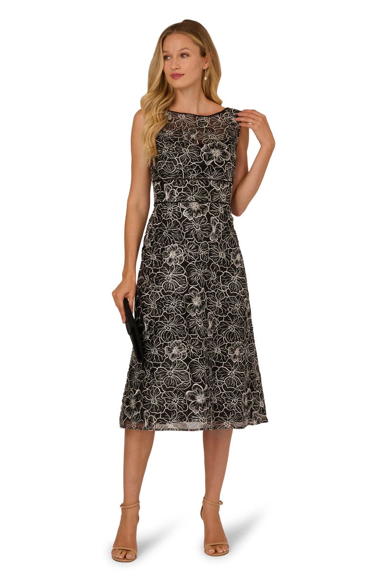 Adrianna Papell Floral Embroidery Cocktail Midi Dress, Alternate, color, Black/ Ivory