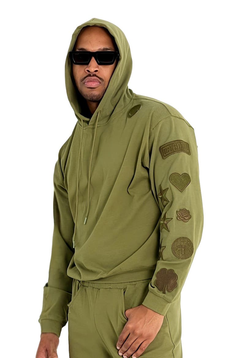 Menswear Patches Hoodie, Alternate, color, Army Green