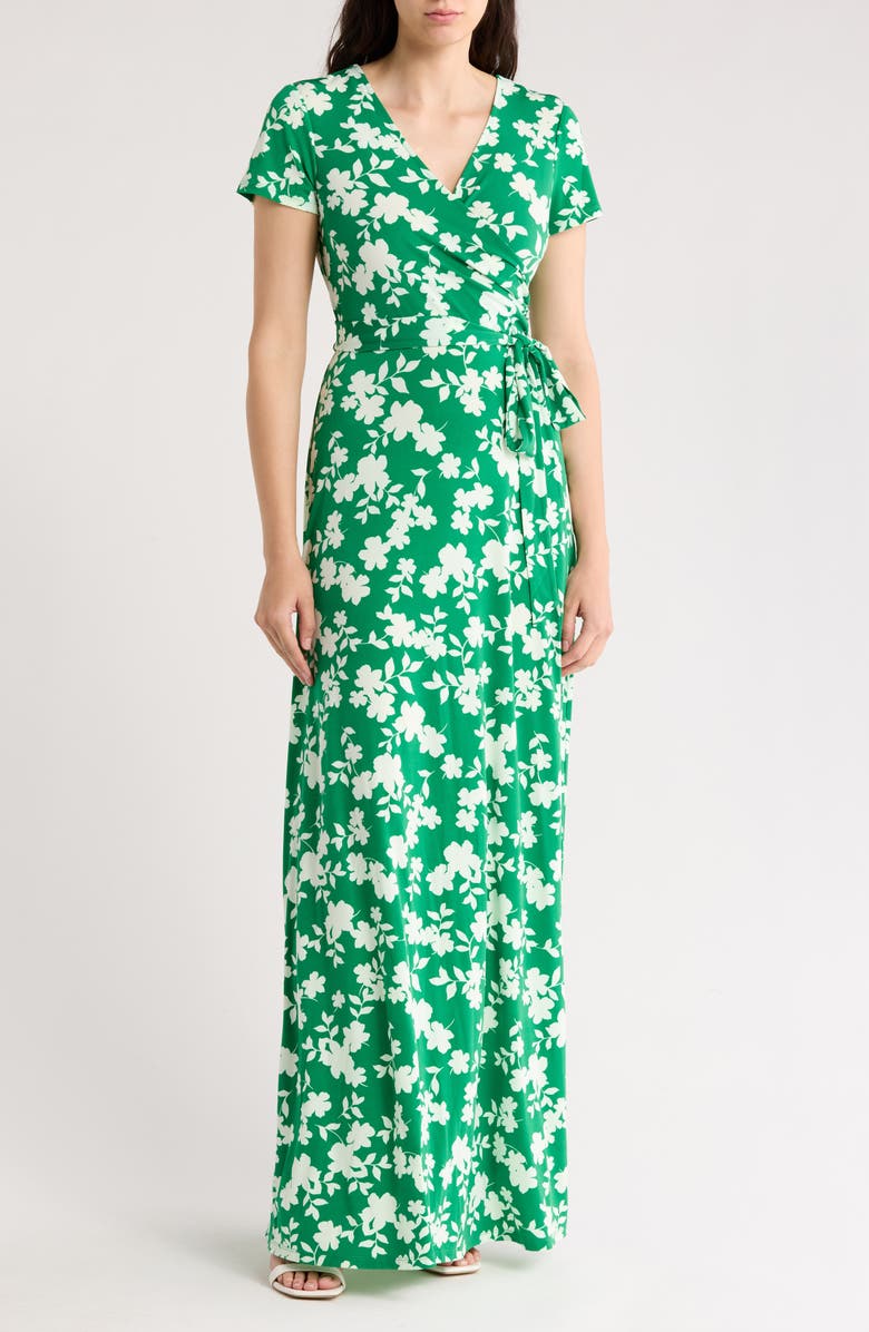 Eliza J Floral Short Sleeve Faux Wrap Maxi Dress, Main, color, Green
