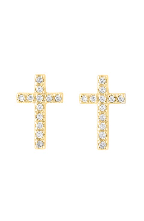 14K Yellow Gold Diamond Cross Stud Earrings