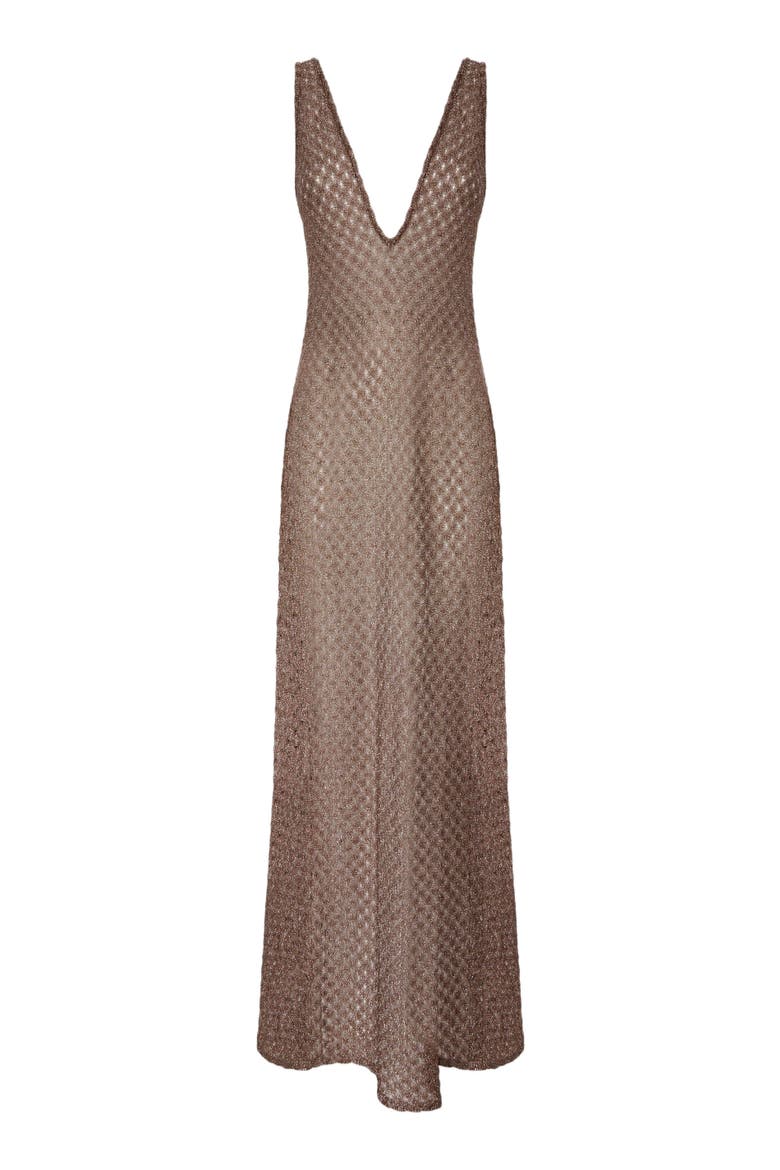 Cover-up Dress In Lamé Viscose With Spiderweb Motif And V-neckline, Alternate, color, Brown