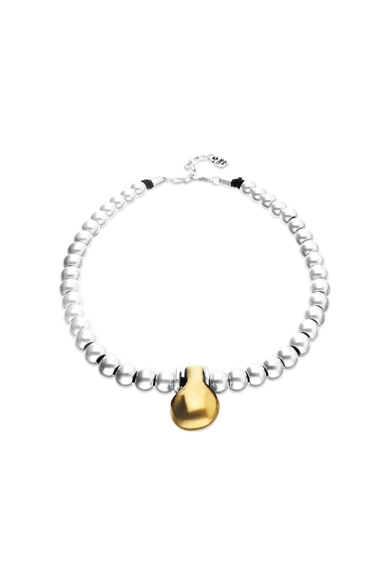 Necklace of medium spheres plated in sterling silver and large dial plated in 18k gold, Alternate, color, Gold