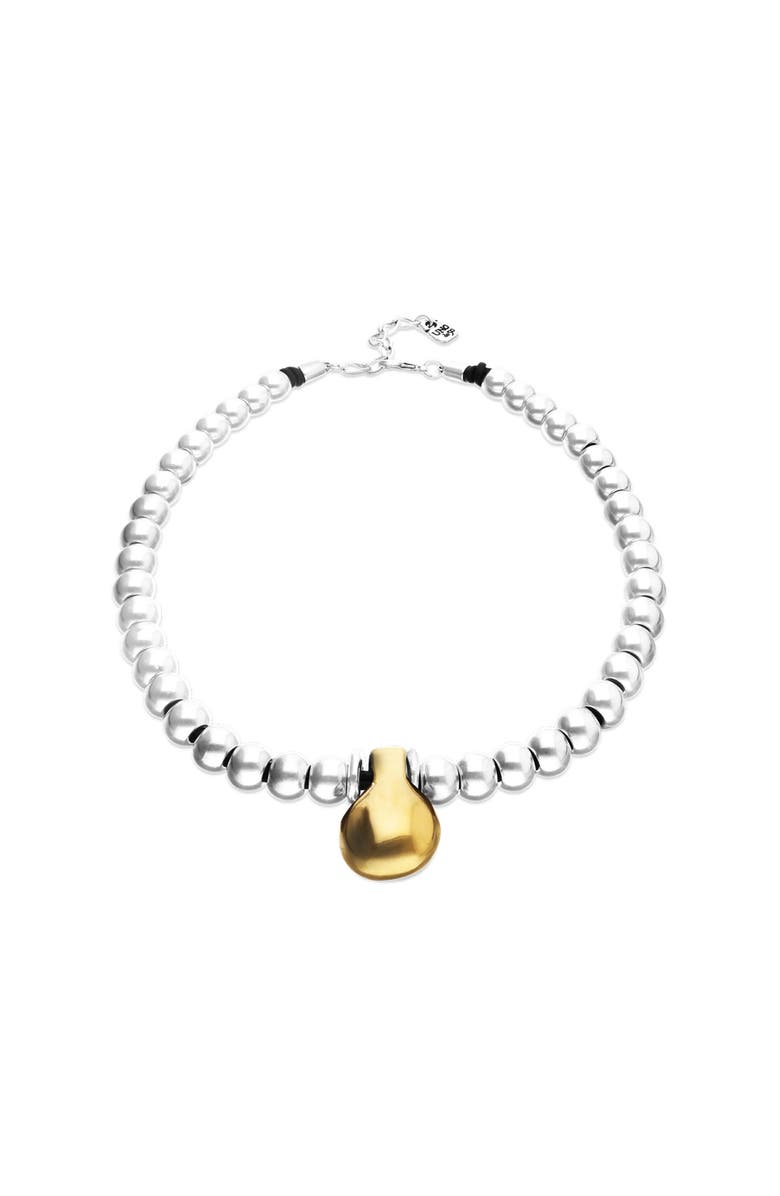 UNODE50 Necklace of medium spheres plated in sterling silver and large dial plated in 18k gold, Alternate, color, Gold