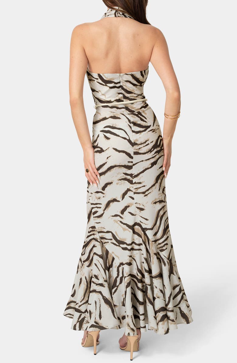 bebe Animal Stripe Halter Maxi Dress, Alternate, color, Brown Multi