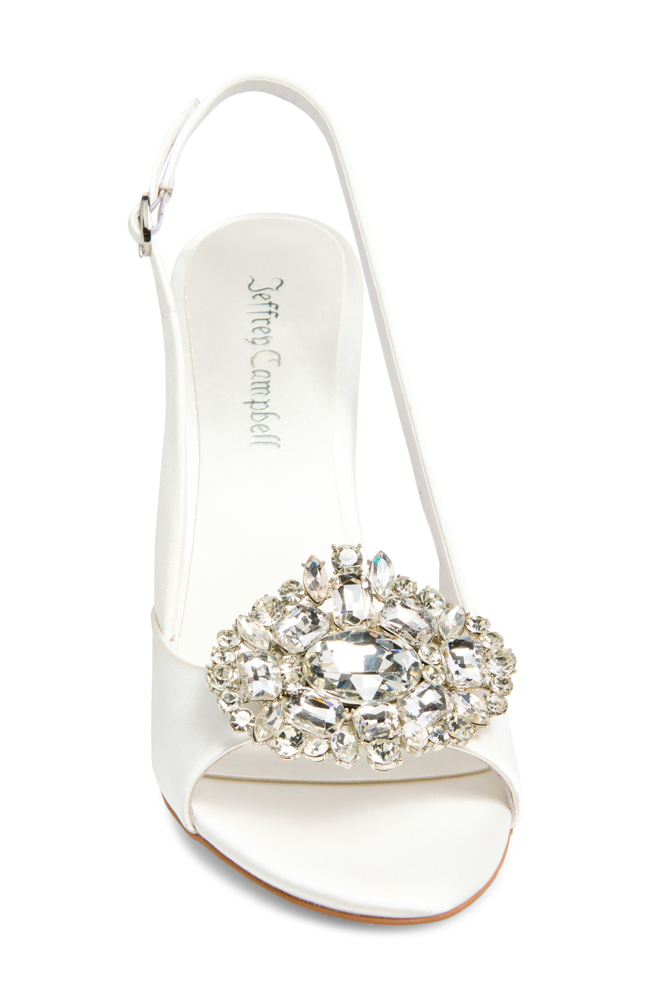 Triomphe Crystal Embellished Slingback Sandal, Alternate, color, WHITE SATIN SILVER
