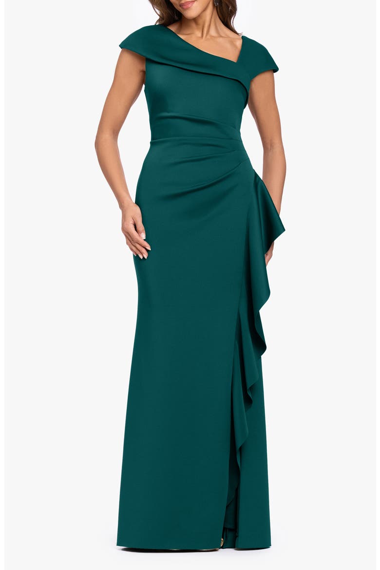 Asymmetric Neck Scuba Knit Trumpet Gown, Main, color, HUNTER