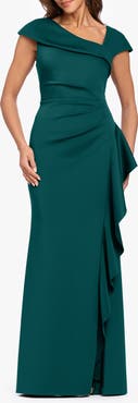 Xscape Evenings Asymmetric Neck Scuba Knit Trumpet Gown