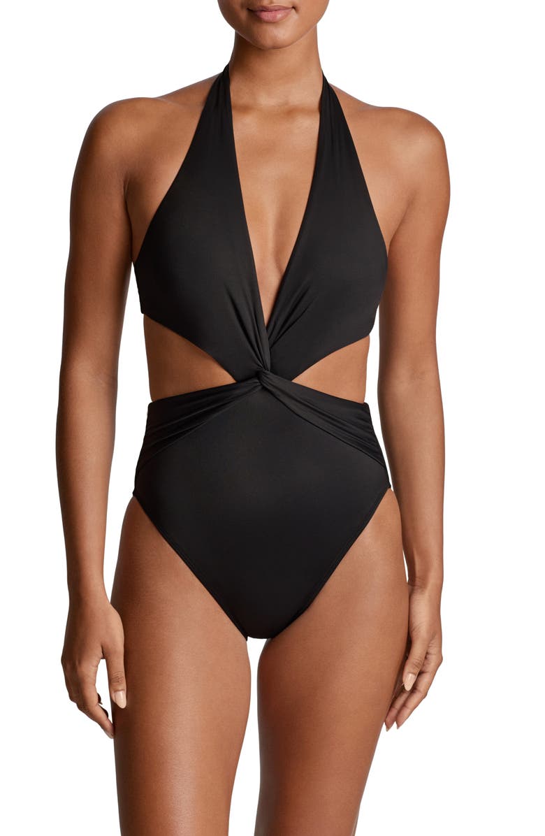 Lauren Ralph Lauren Cutout Twist One-Piece Halter Swimsuit, Main, color, Black