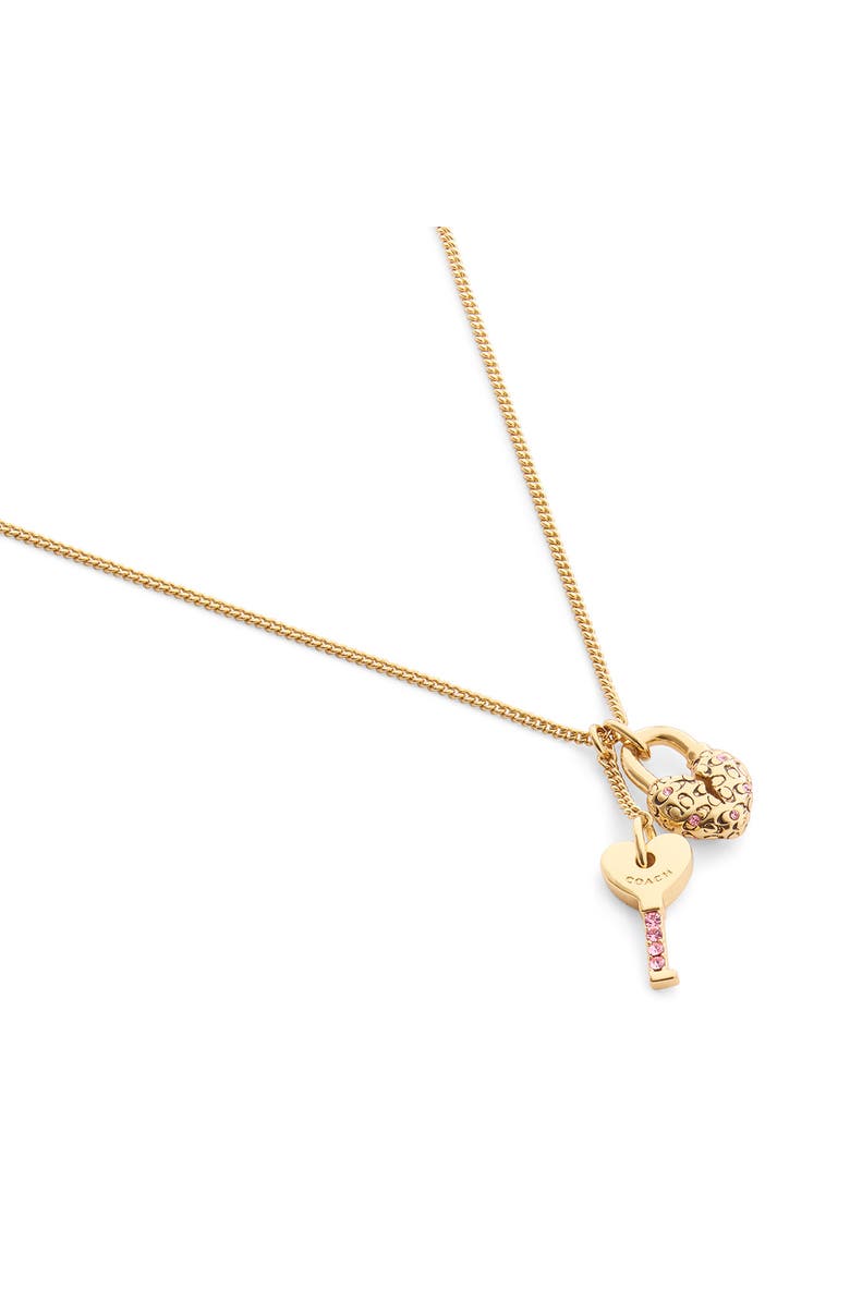 COACH Heart Padlock & Key Charm Necklace, Alternate, color, Shiny Gold