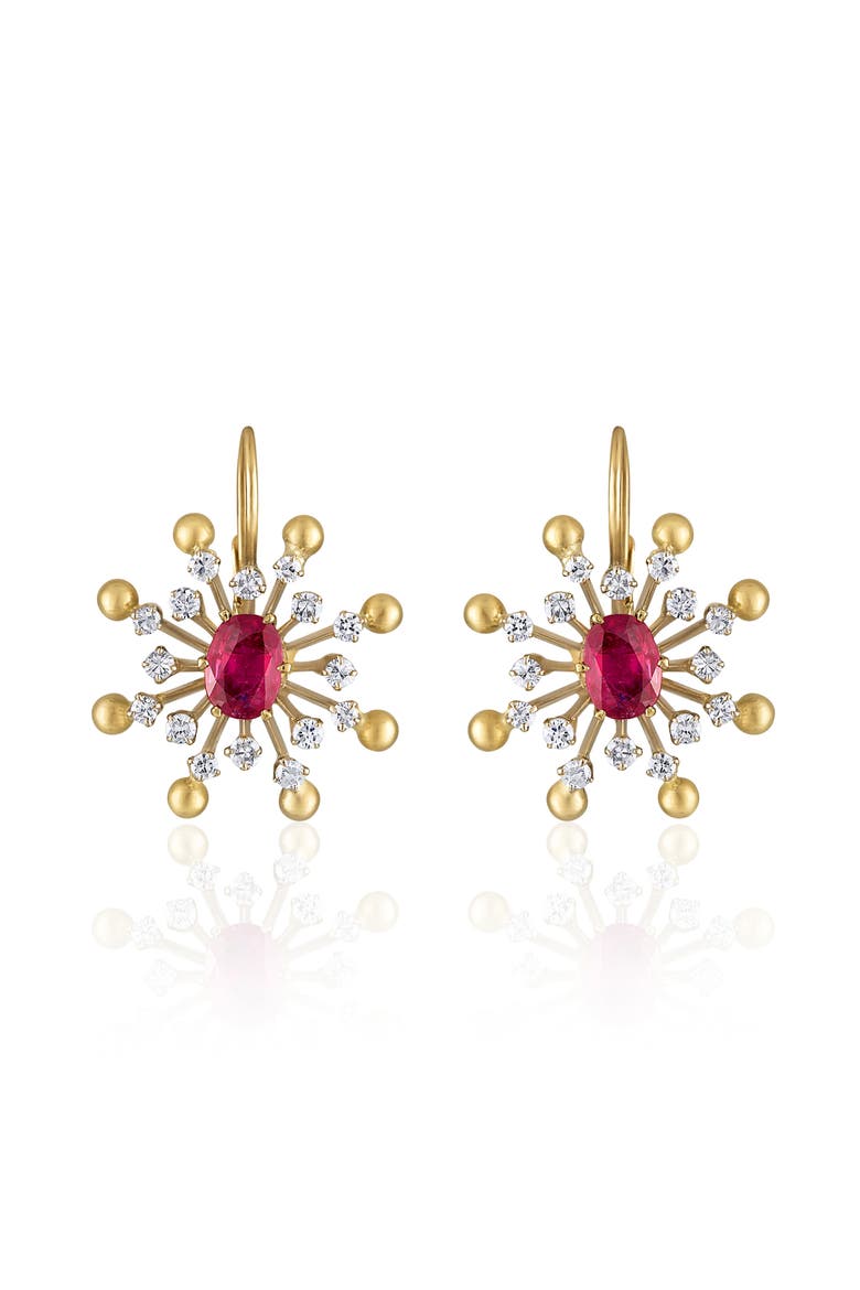 Diamond & Ruby Spike Drop Earrings, Main, color, 18KYG / RUBY