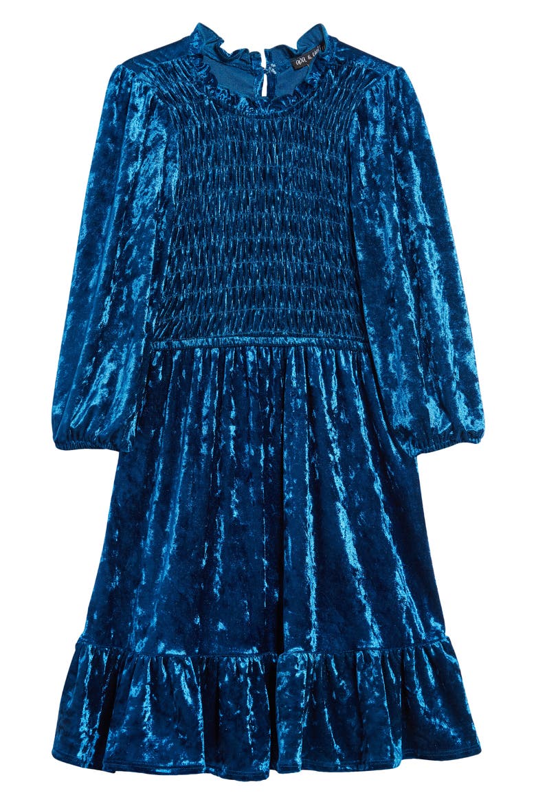 Kids' Ruffle Crushed Velvet Babydoll Dress, Main, color, TEAL