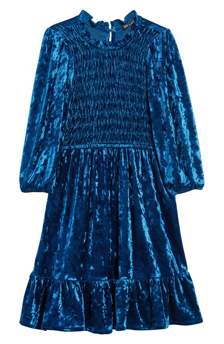 Ava & Yelly Kids' Ruffle Crushed Velvet Babydoll Dress, Main, color, Teal