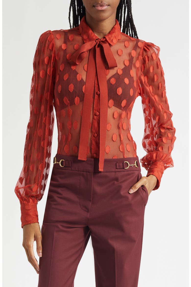Soraya Dot Sheer Mesh Button-Up Shirt, Main, color, RUBY