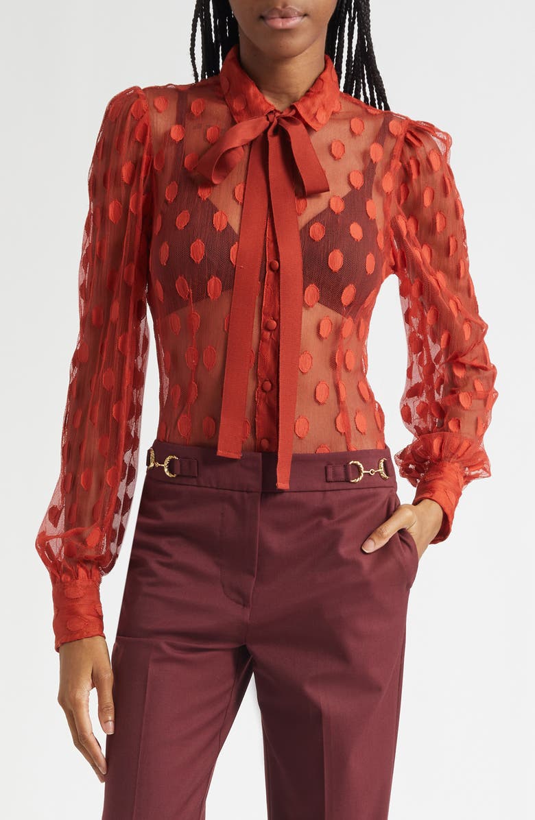 Ulla Johnson Soraya Dot Sheer Mesh Button-Up Shirt, Main, color, Ruby