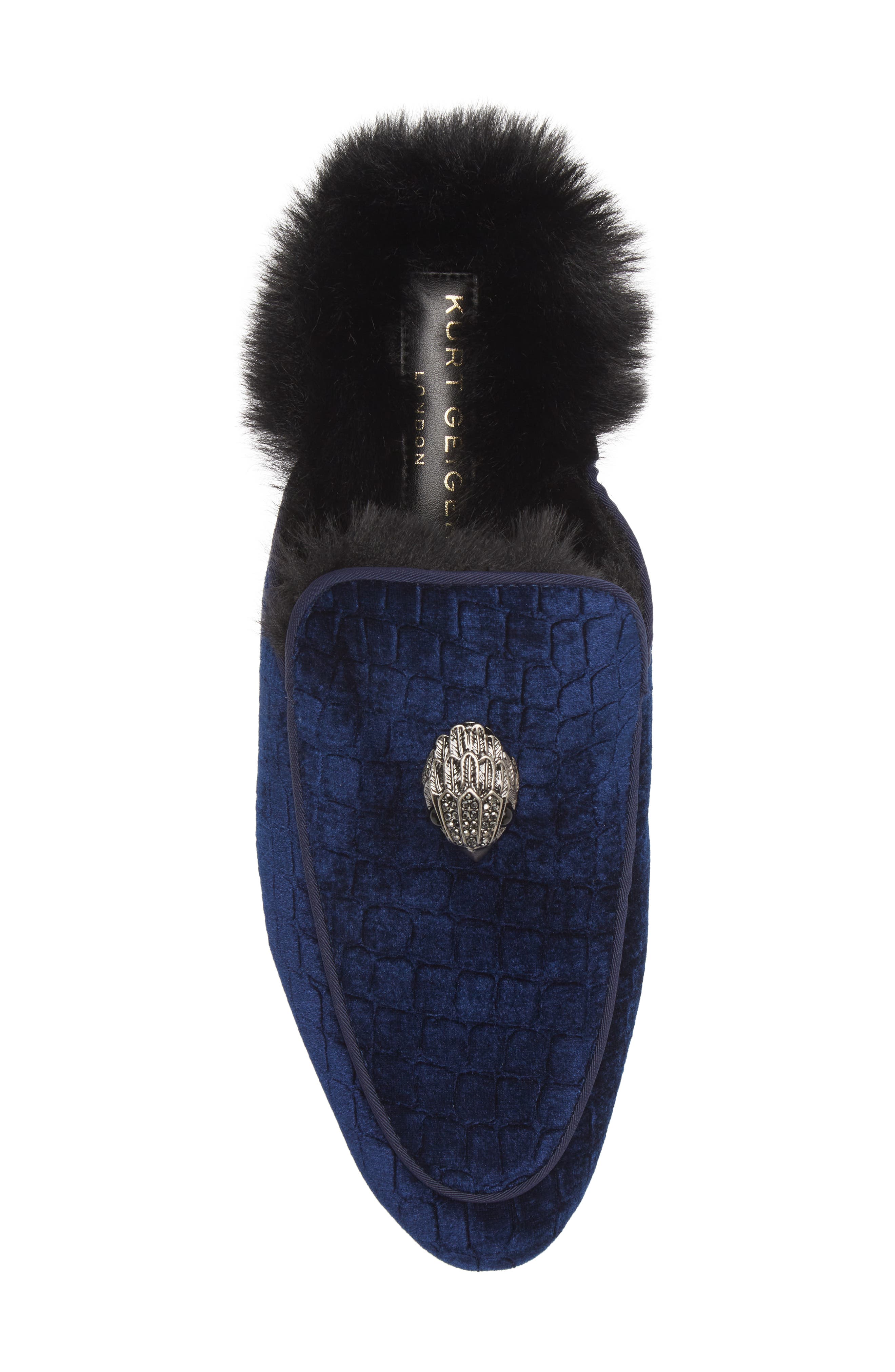 Kurt Geiger London Hugh Velvet & Faux Fur Loafer Mule, Alternate, color, Navy