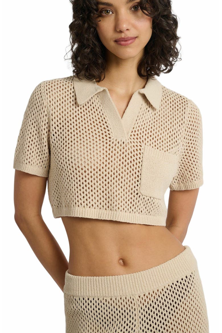 Knit Crochet Cropped Short Sleeve Polo, Alternate, color, SANDSHELL