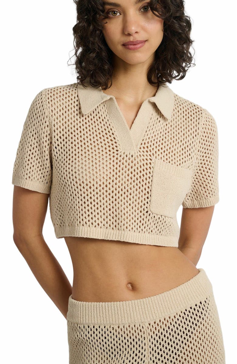 Onia Knit Crochet Cropped Short Sleeve Polo, Alternate, color, Sandshell
