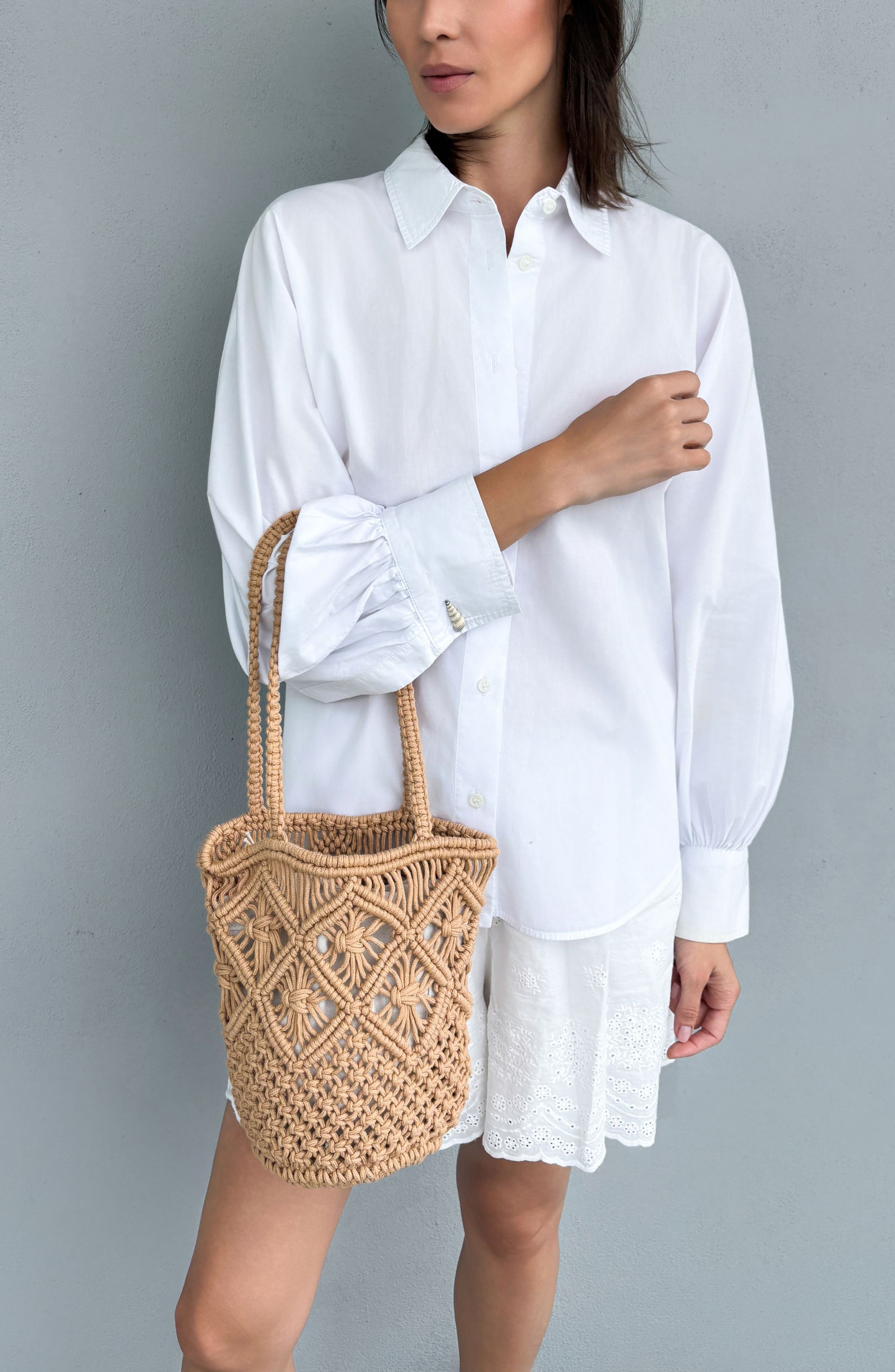 Adornia Crocheted Bucket Tote Bag, Alternate, color, Brown