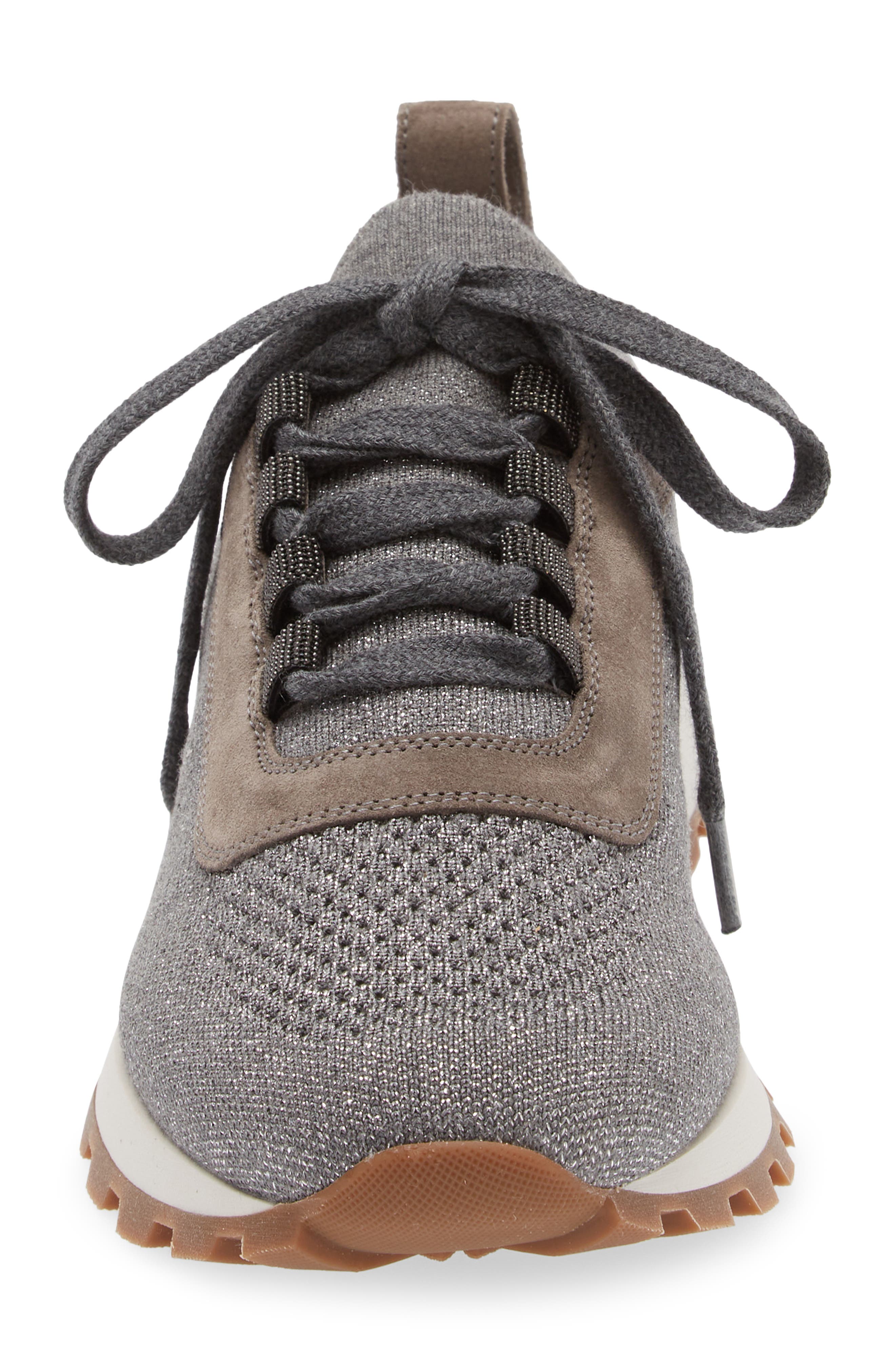 Brunello Cucinelli Monili Metallic Knit Lace-Up Sneaker, Alternate, color, Grey