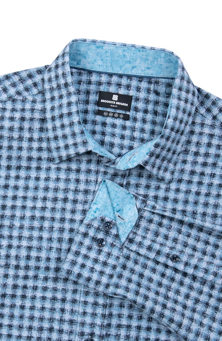 Brooklyn Brigade Slim Fit Wyckoff Blurry Gingham 4-Way Stretch Performance Long Sleeve Shirt, Alternate, color, Blue