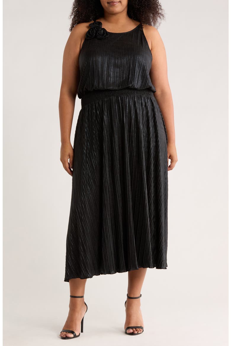Rosette Sleeveless Foil Pleated Dress, Main, color, BLACK