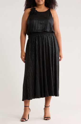 Oleg Cassini Rosette Sleeveless Foil Pleated Dress