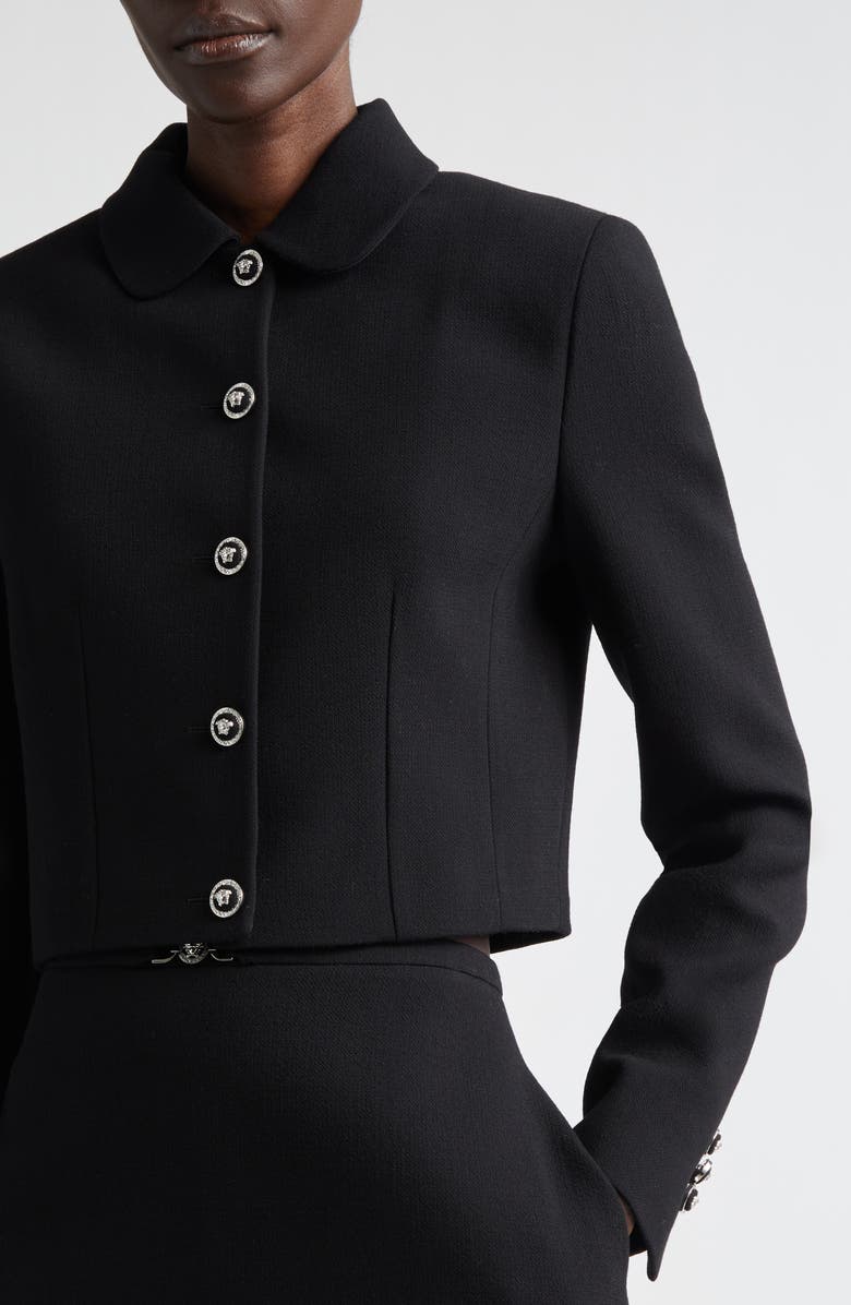 Versace Medusa '95 Double Face Virgin Wool Crepe Crop Jacket, Alternate, color, Black