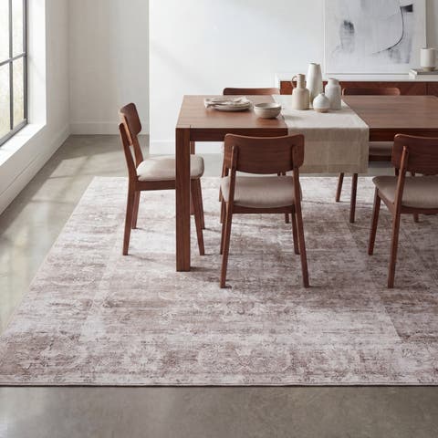 Arabella Vintage Floral Border Non-Slip Machine-Washable Beige/Cream 9 ft. x 12 ft. Area Rug