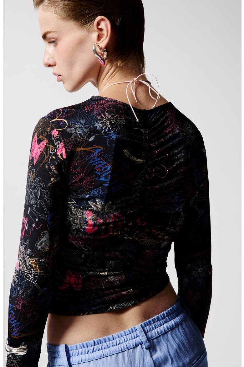 Doodle Print Asymmetric Ruched Crop Top, Alternate, color, BLACK