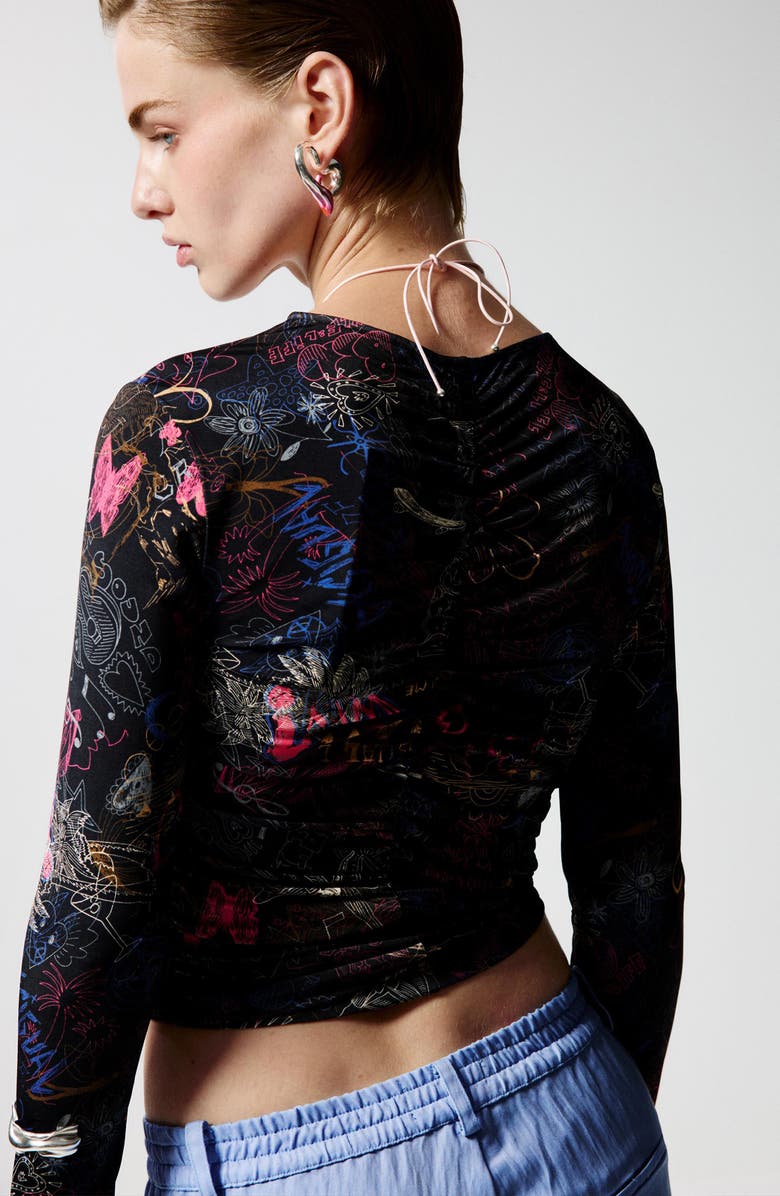 Desigual Doodle Print Asymmetric Ruched Crop Top, Alternate, color, 