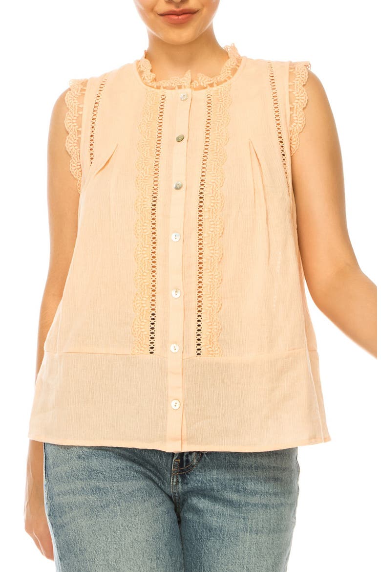 Lace Trim Cotton Button-Up Top, Main, color, BISQUE