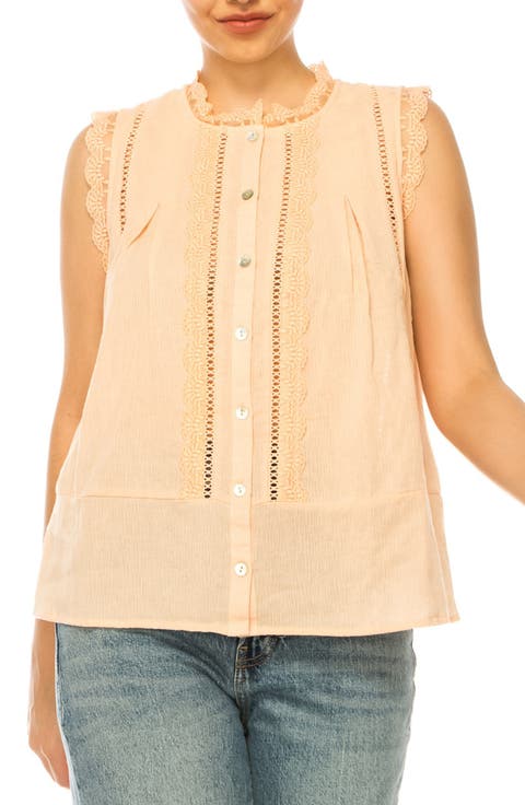 Lace Trim Cotton Button-Up Top