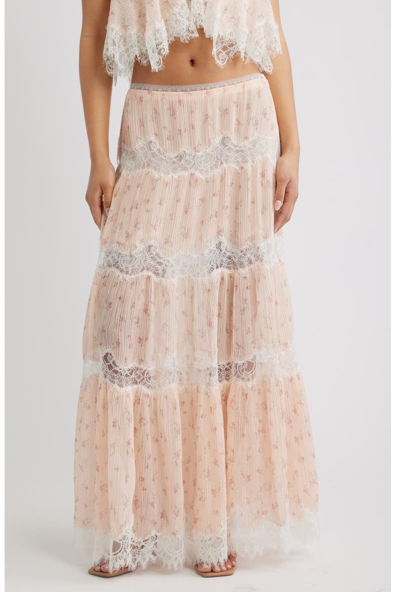 Everhart Floral Lace Detail Silk Chiffon Maxi Skirt, Main, color, SWEET NECTAR
