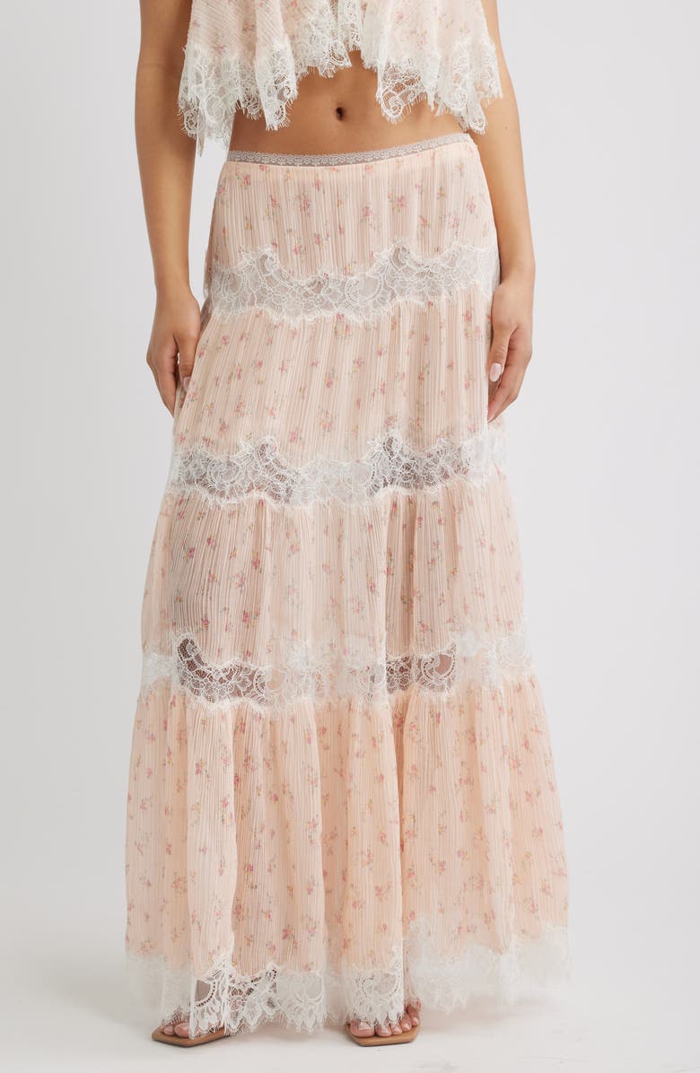 LoveShackFancy Everhart Floral Lace Detail Silk Chiffon Maxi Skirt, Main, color, Sweet Nectar