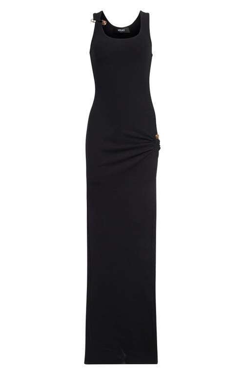 Versace Safety Pin Stretch Cotton Rib Gown In Black