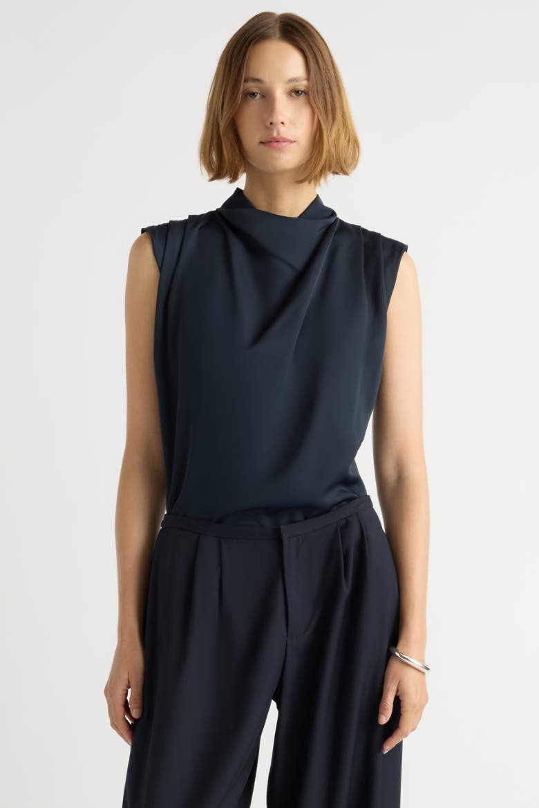 Allegra Gathered-Neck Sleeveless Blouse, Main, color, Navy