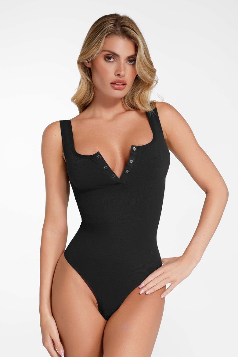 Shapewear Seamless Modal Henley Tank Bodysuit, Main, color, Midnight Black