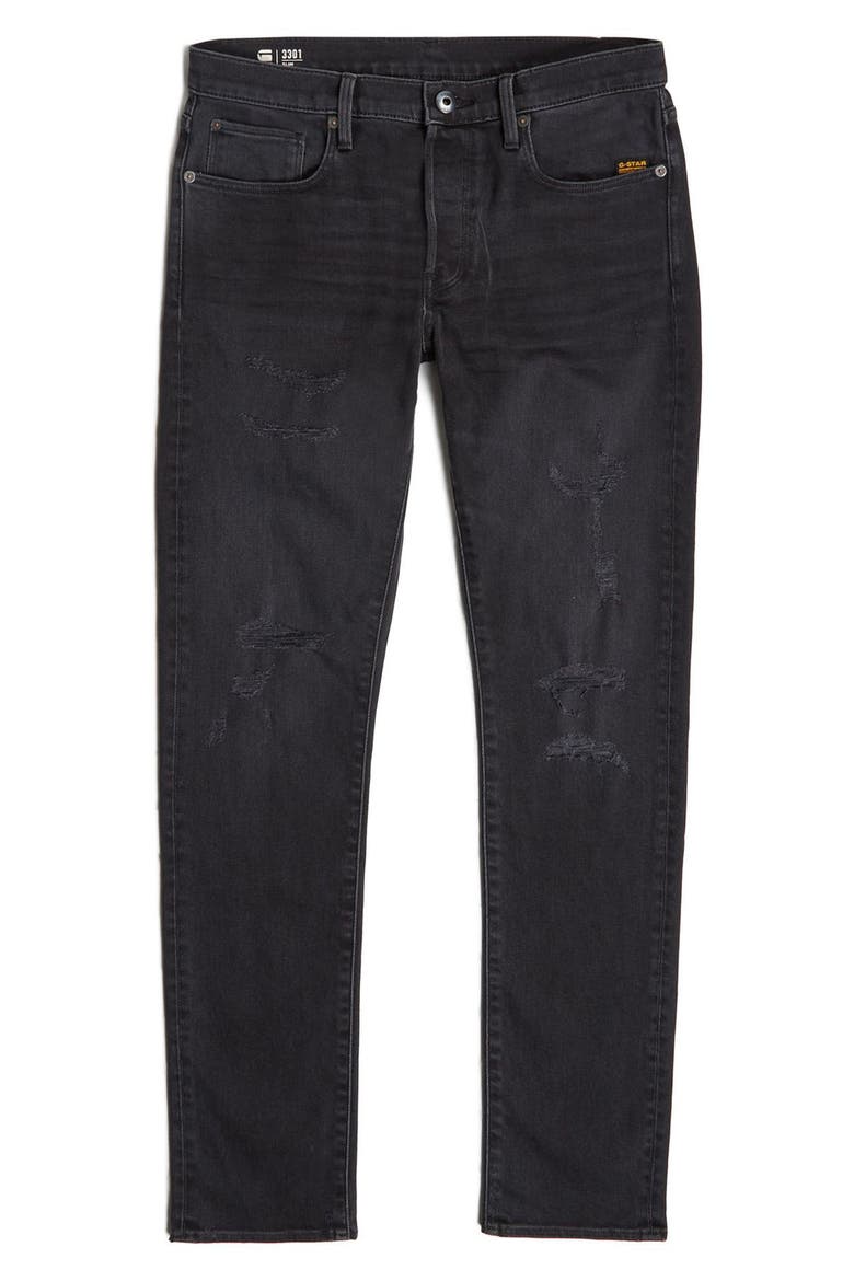 3301 Distressed Slim Jeans, Alternate, color, BLACK