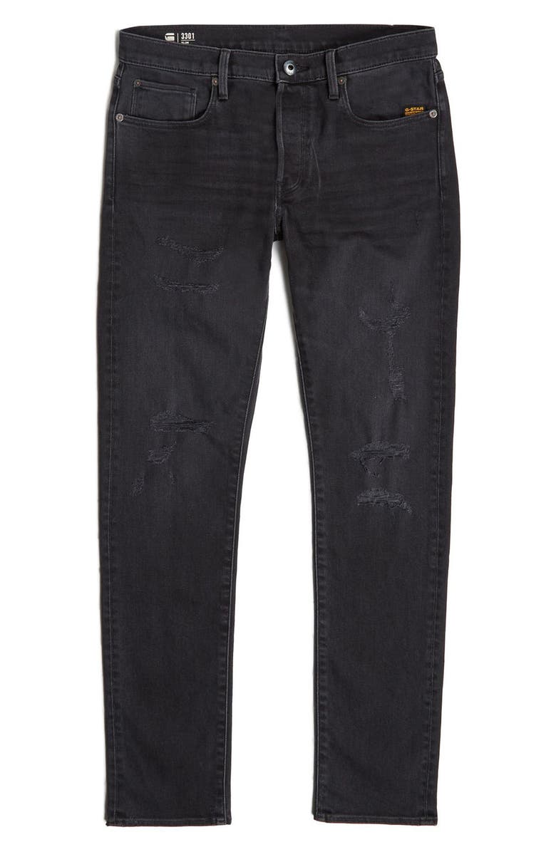 G-STAR 3301 Distressed Slim Jeans, Alternate, color, Black