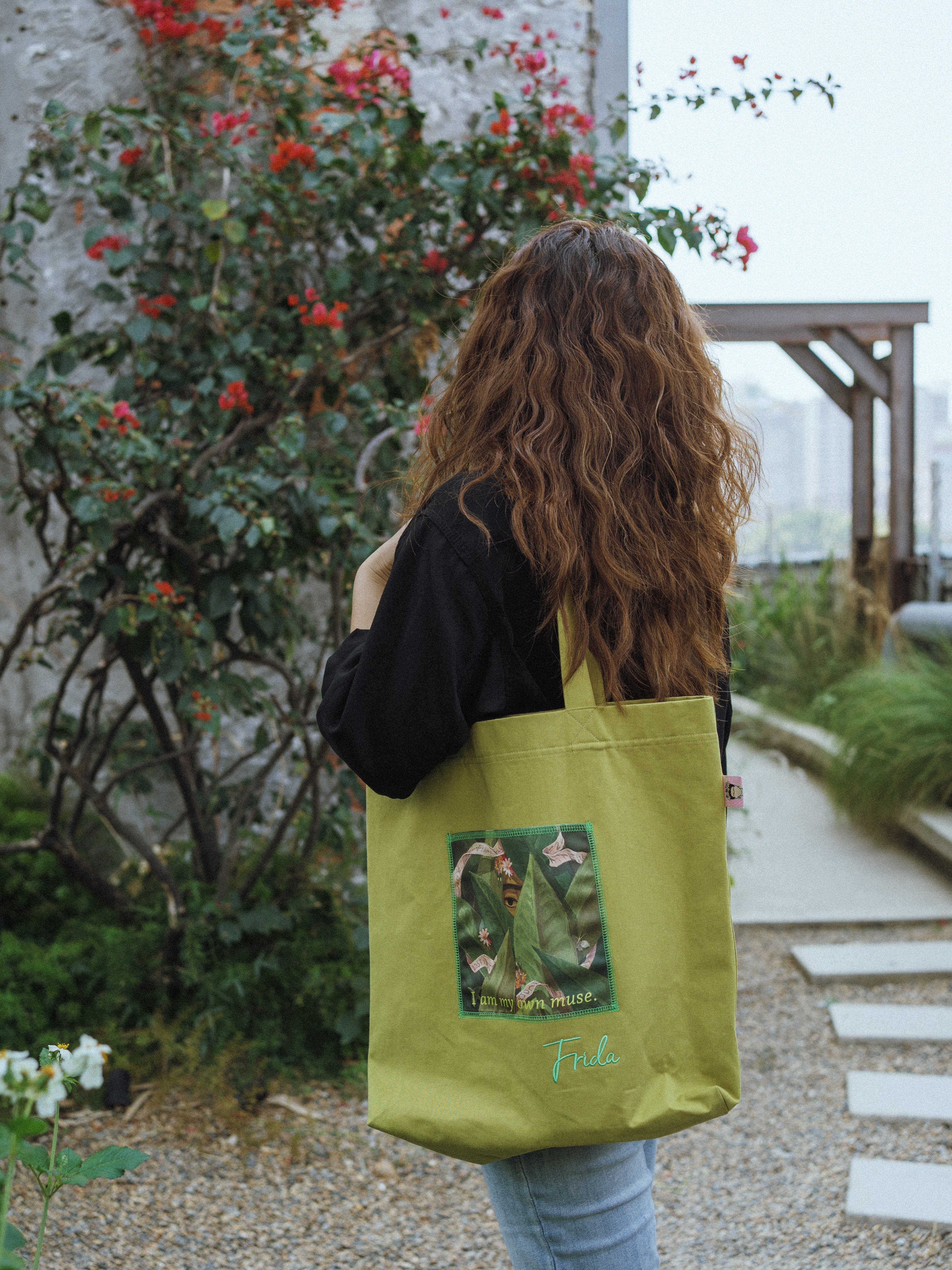 Lost Pattern NYC "I Am My Own Muse by Frida" Cotton Tote Bag, Alternate, color, Avocado Green