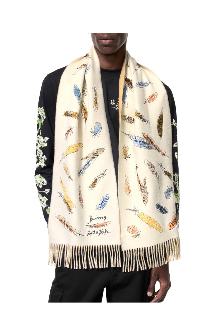 Feather Print Cashmere Scarf, Alternate, color, Sand beige